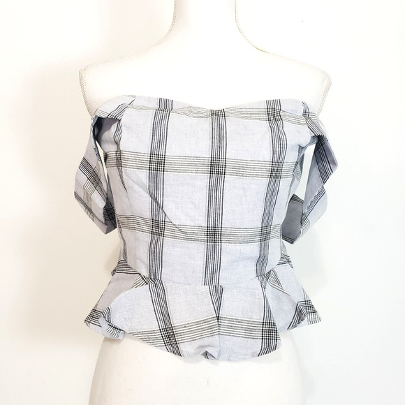 NEW!! Chriselle X J.O.A. SIZE M Off The Shoulder Plaid Gray Blue Blouse Top - Picture 14 of 14